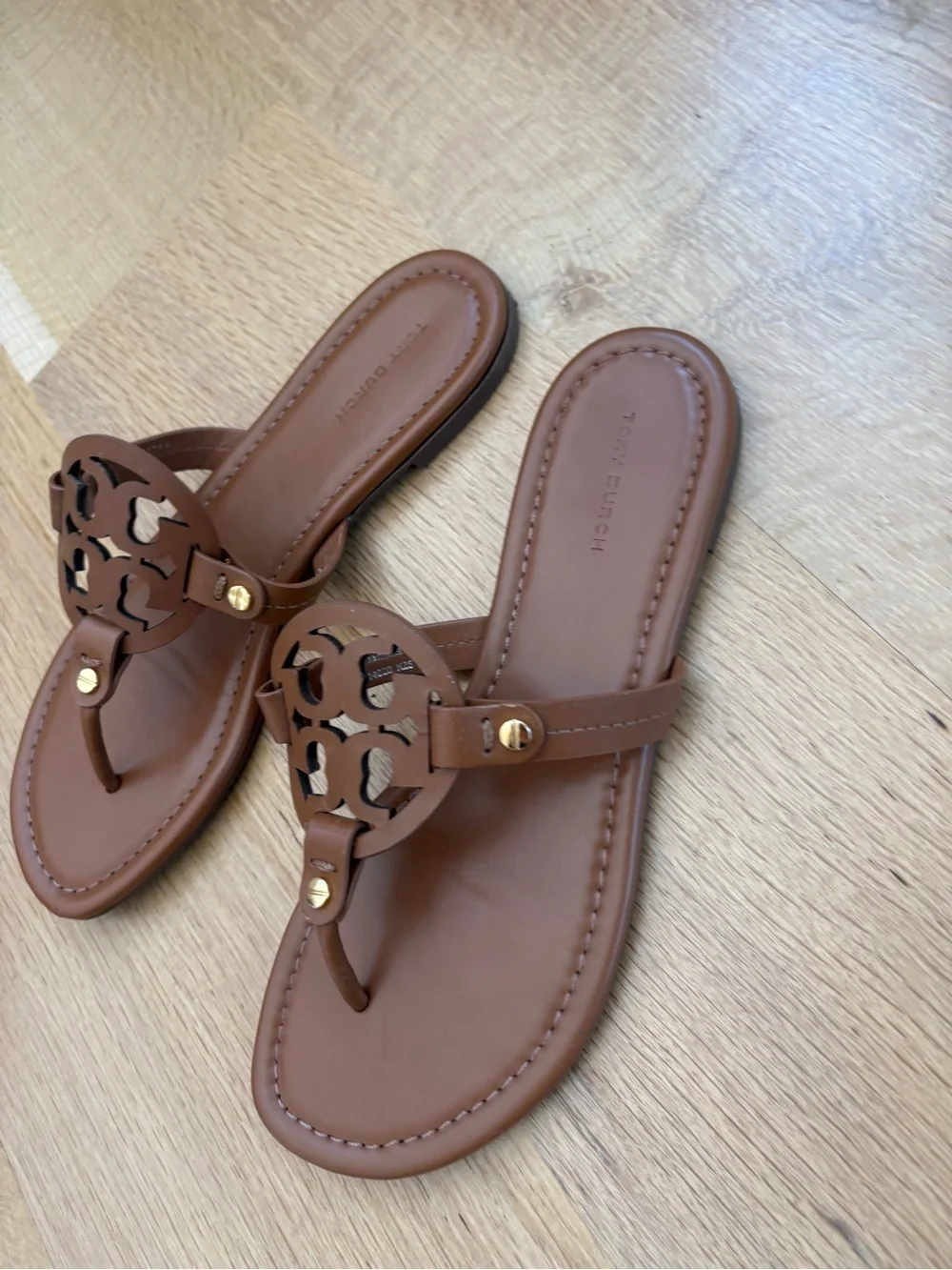 Tory Burch Leather Logo Thong Sandals in Cognac Brown with Gold Accents